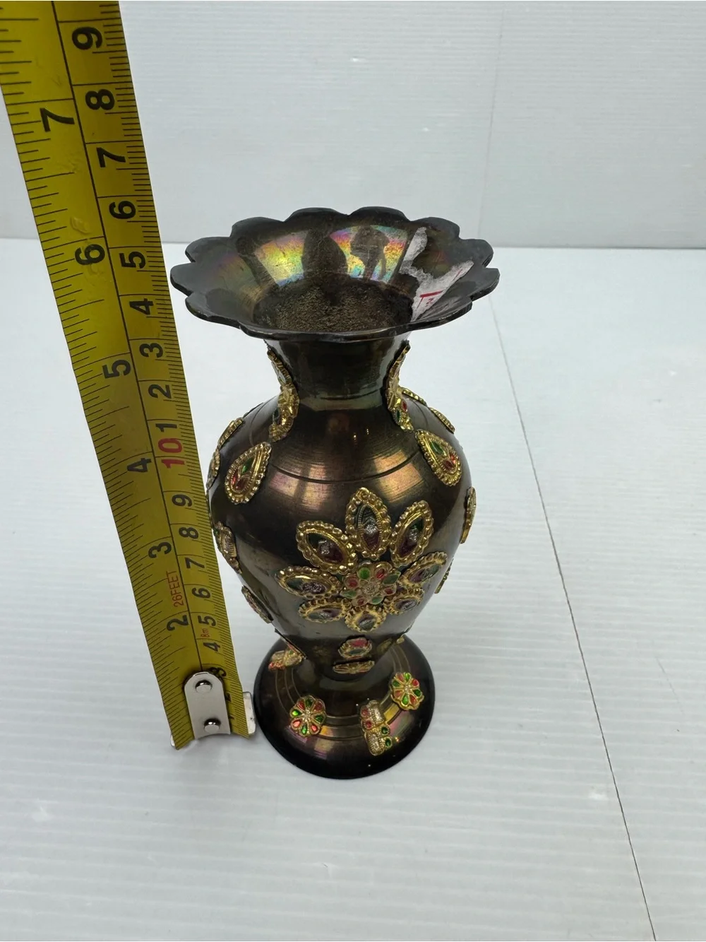 Indian? Iridescent Brass Vase Enamel Gem Medallion Scalloped Rim 6” Decor VTG